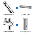 Delabie wastafelopstelling zelfsluitend 3 plaatsen CANAL + TEMPOSOFT 2 chroom met RVS mat - inhoud van de set