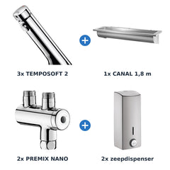 Delabie wastafelopstelling zelfsluitend 3 plaatsen CANAL + TEMPOSOFT 2 chroom met RVS mat - inhoud van de set