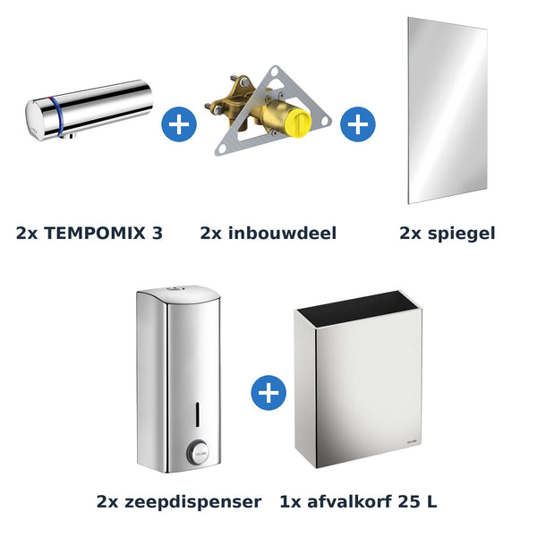 Delabie wastafelopstelling zelfsluitend 2 plaatsen TEMPOMIX 3 chroom met RVS glanzend - inhoud van de set