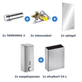 Delabie wastafelopstelling zelfsluitend 2 plaatsen TEMPOMIX 3 chroom met RVS mat - inhoud van de set
