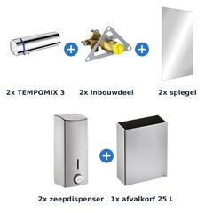 Delabie wastafelopstelling zelfsluitend 2 plaatsen TEMPOMIX 3 chroom met RVS mat - inhoud van de set