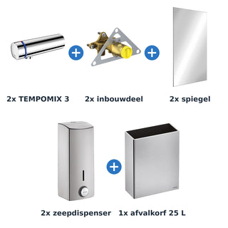 Delabie wastafelopstelling zelfsluitend 2 plaatsen TEMPOMIX 3 chroom met RVS mat - inhoud van de set