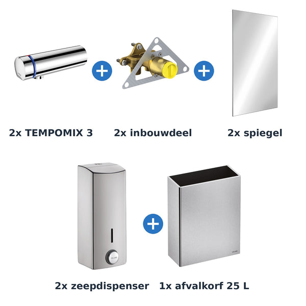 Delabie wastafelopstelling zelfsluitend 2 plaatsen TEMPOMIX 3 chroom met RVS mat - inhoud van de set