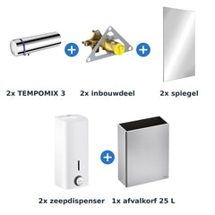 Delabie wastafelopstelling zelfsluitend 2 plaatsen TEMPOMIX 3 chroom met wit - inhoud van de set