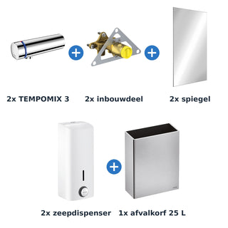 Delabie wastafelopstelling zelfsluitend 2 plaatsen TEMPOMIX 3 chroom met wit - inhoud van de set