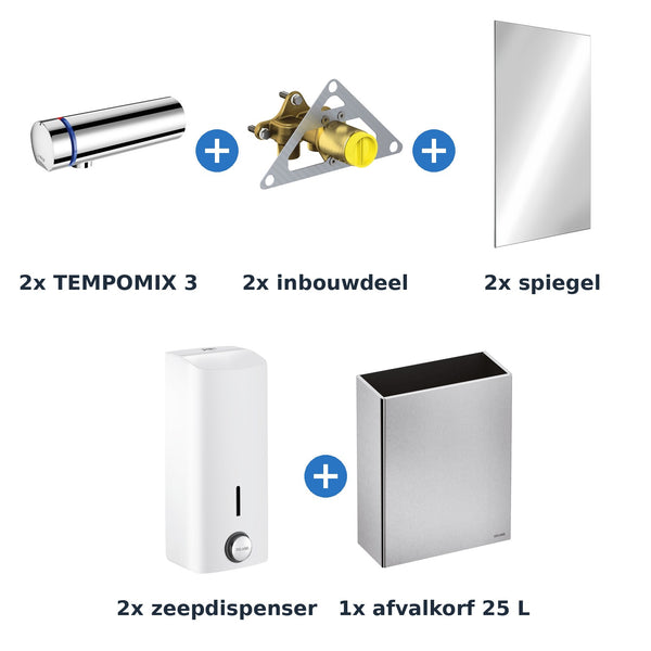 Delabie wastafelopstelling zelfsluitend 2 plaatsen TEMPOMIX 3 chroom met wit - inhoud van de set