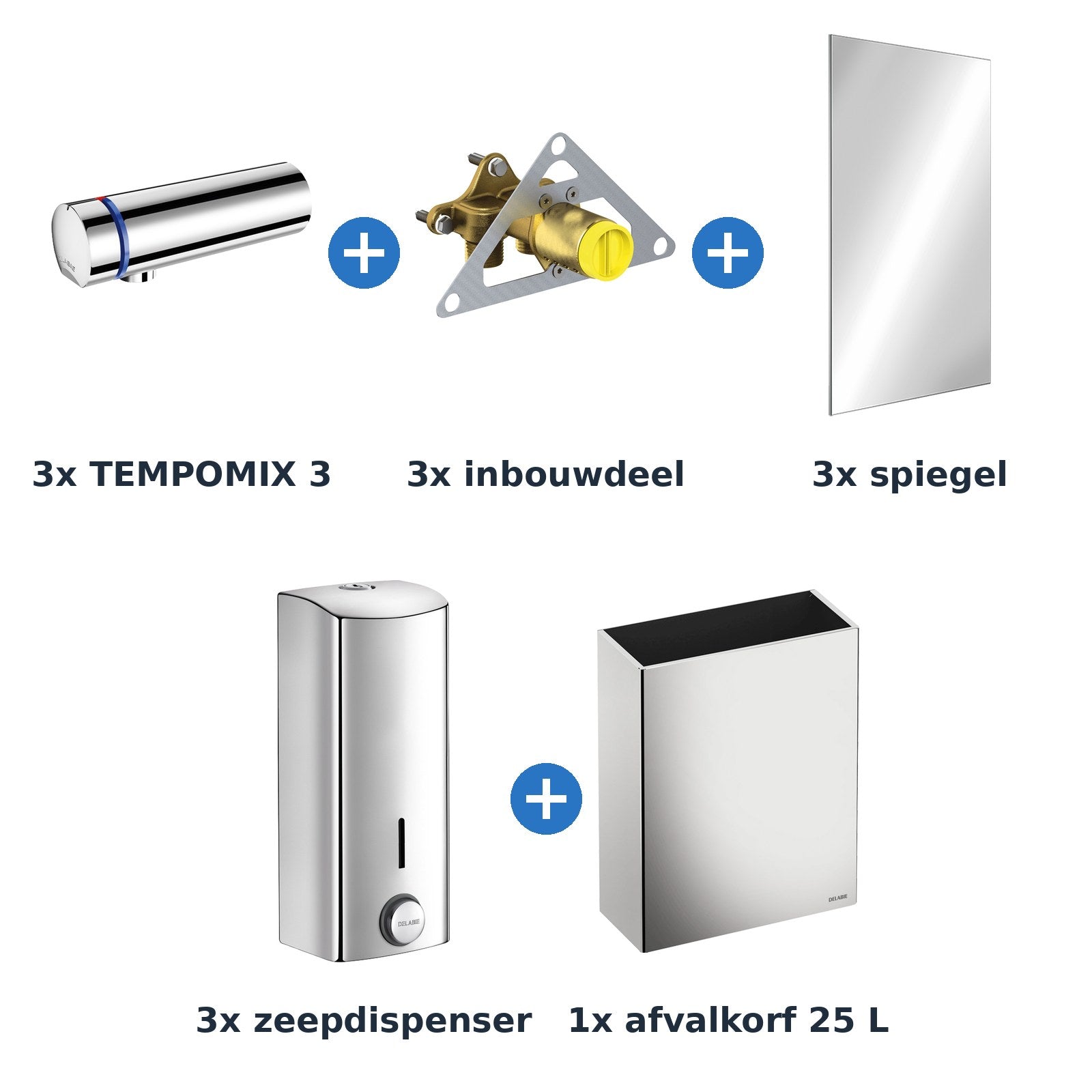 Delabie wastafelopstelling zelfsluitend 3 plaatsen TEMPOMIX 3 chroom met RVS glanzend - inhoud van de set