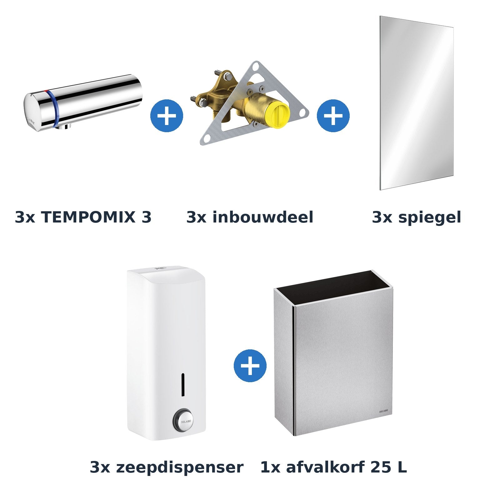 Delabie wastafelopstelling zelfsluitend 3 plaatsen TEMPOMIX 3 chroom met wit - inhoud van de set