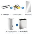 Delabie wastafelopstelling zelfsluitend 4 plaatsen TEMPOMIX 3 chroom met RVS glanzend - inhoud van de set