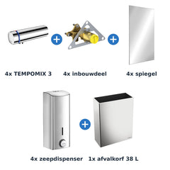 Delabie wastafelopstelling zelfsluitend 4 plaatsen TEMPOMIX 3 chroom met RVS glanzend - inhoud van de set