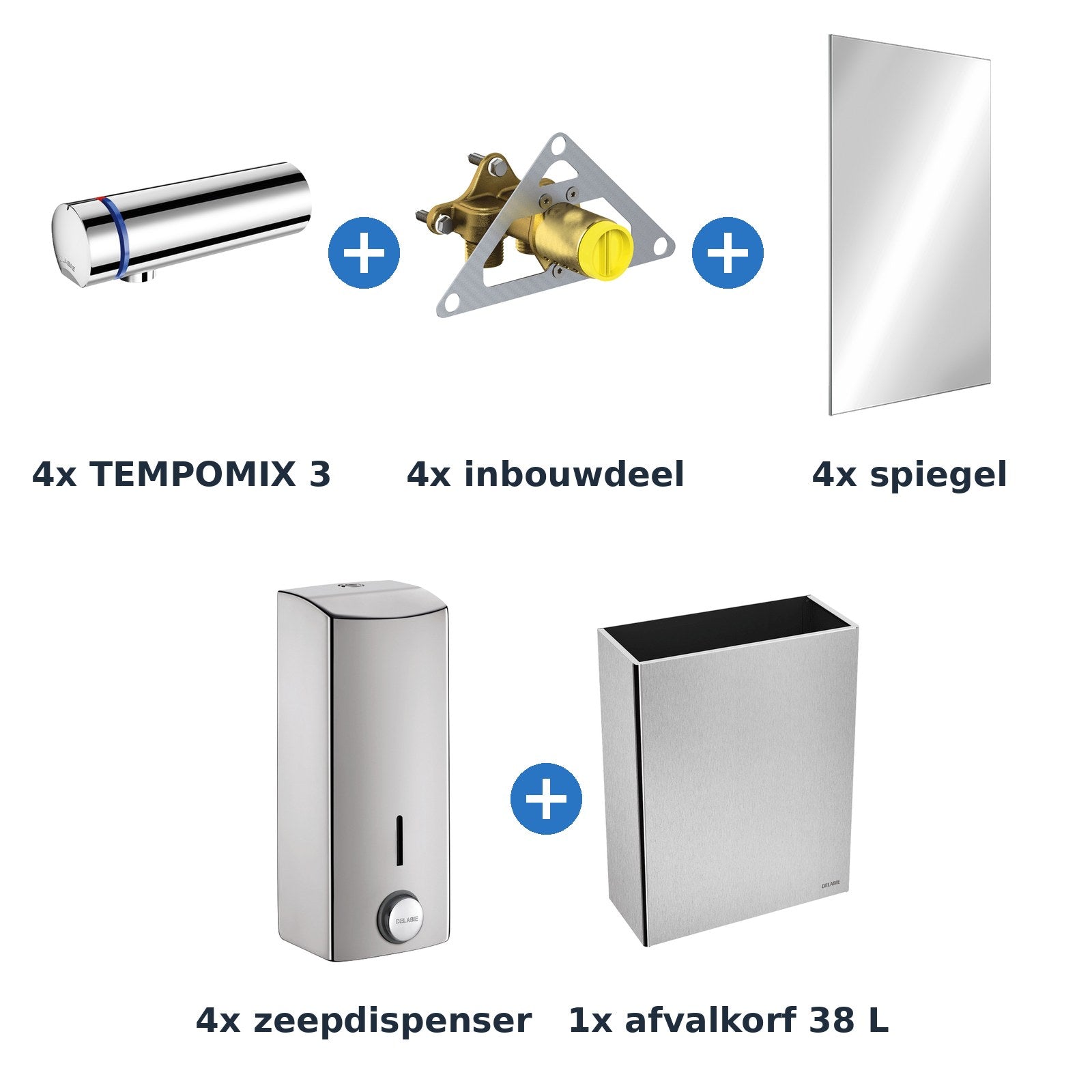Delabie wastafelopstelling zelfsluitend 4 plaatsen TEMPOMIX 3 chroom met RVS mat - inhoud van de set