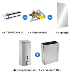 Delabie wastafelopstelling zelfsluitend 4 plaatsen TEMPOMIX 3 chroom met RVS mat - inhoud van de set