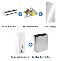 Delabie wastafelopstelling zelfsluitend 4 plaatsen TEMPOMIX 3 chroom met wit - inhoud van de set