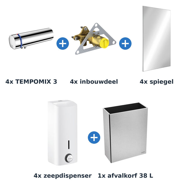 Delabie wastafelopstelling zelfsluitend 4 plaatsen TEMPOMIX 3 chroom met wit - inhoud van de set