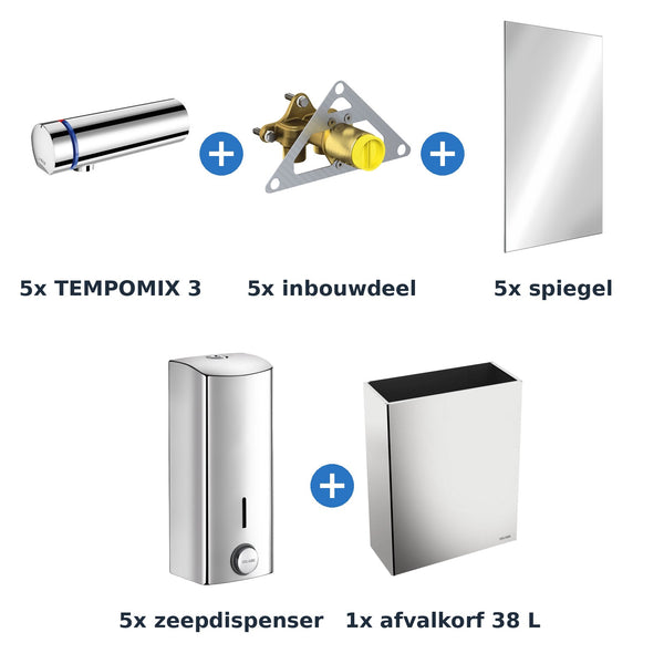 Delabie wastafelopstelling zelfsluitend 5 plaatsen TEMPOMIX 3 chroom met RVS glanzend - inhoud van de set