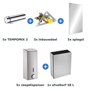 Delabie wastafelopstelling zelfsluitend 5 plaatsen TEMPOMIX 3 chroom met RVS mat - inhoud van de set