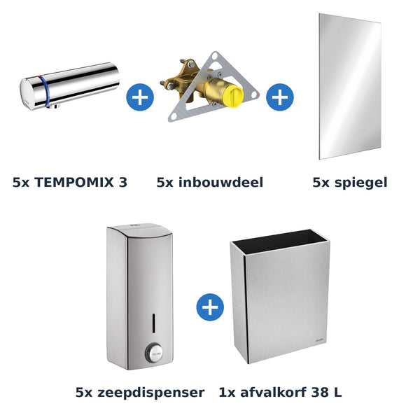 Delabie wastafelopstelling zelfsluitend 5 plaatsen TEMPOMIX 3 chroom met RVS mat - inhoud van de set
