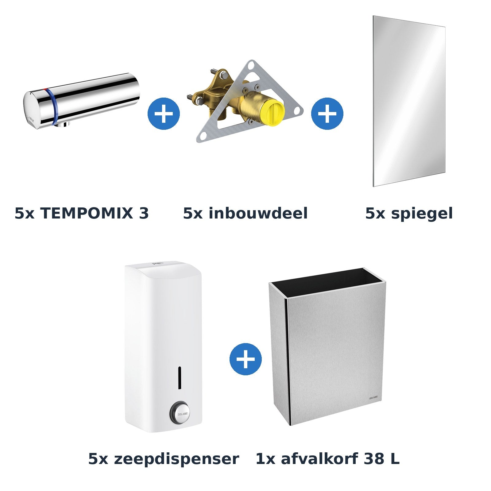 Delabie wastafelopstelling zelfsluitend 5 plaatsen TEMPOMIX 3 chroom met wit - inhoud van de set