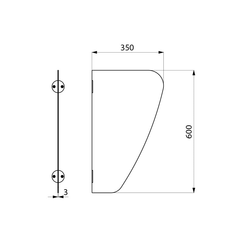 Delabie AZA RVS schaamschot urinoir hoogte 600 mm RVS mat - maattekening
