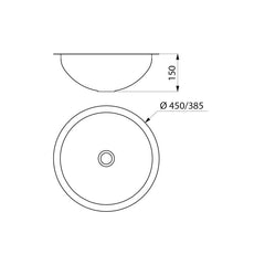 Delabie HEMI ronde inbouw waskom Ø385 mm RVS mat - maattekening