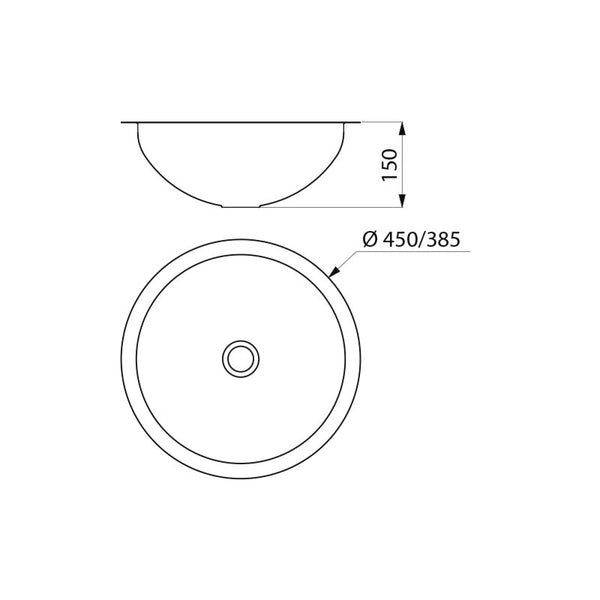 Delabie HEMI ronde inbouw waskom Ø385 mm RVS mat - maattekening