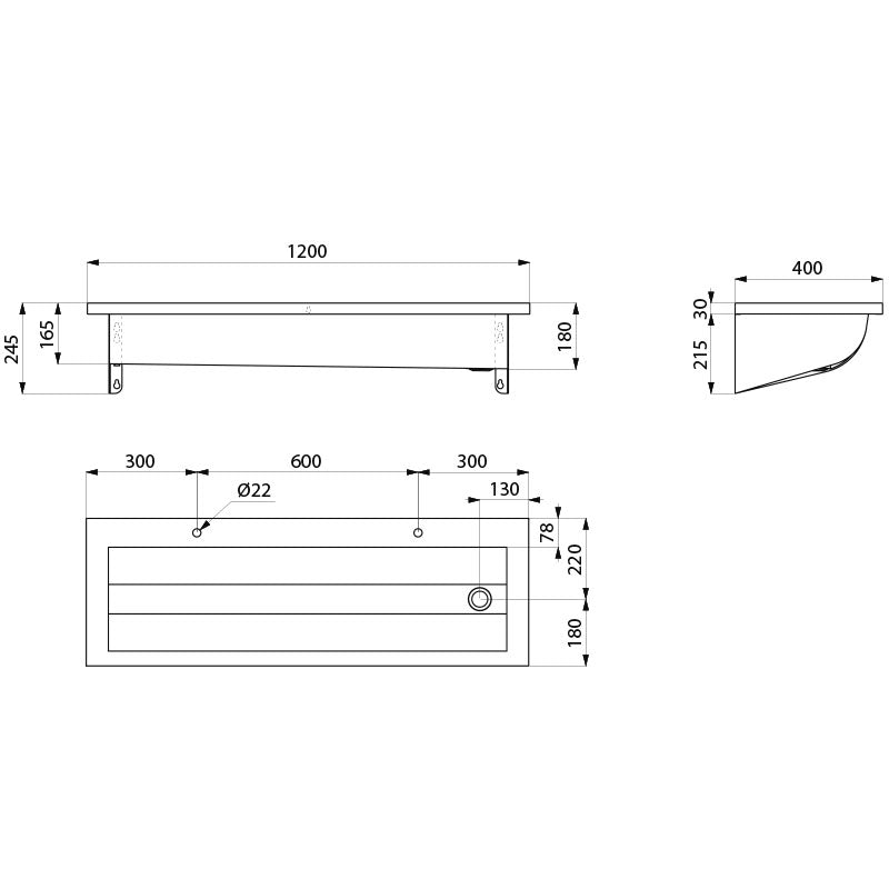 Delabie CANAL collectieve RVS wasgoot 1200 mm met 2 kraangaten - maattekening