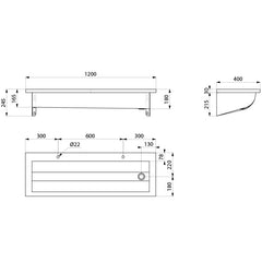 Delabie CANAL collectieve RVS wasgoot 1200 mm met 2 kraangaten - maattekening