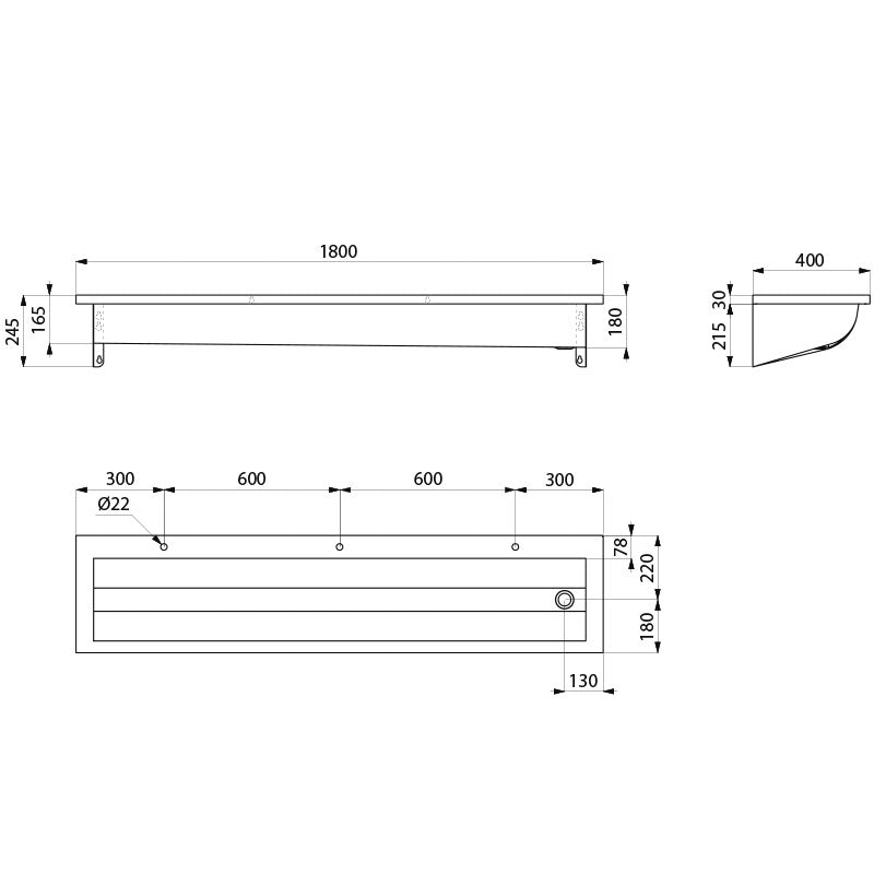 Delabie CANAL collectieve RVS wasgoot 1800 mm met 3 kraangaten - maattekening