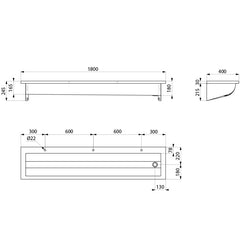 Delabie CANAL collectieve RVS wasgoot 1800 mm met 3 kraangaten - maattekening