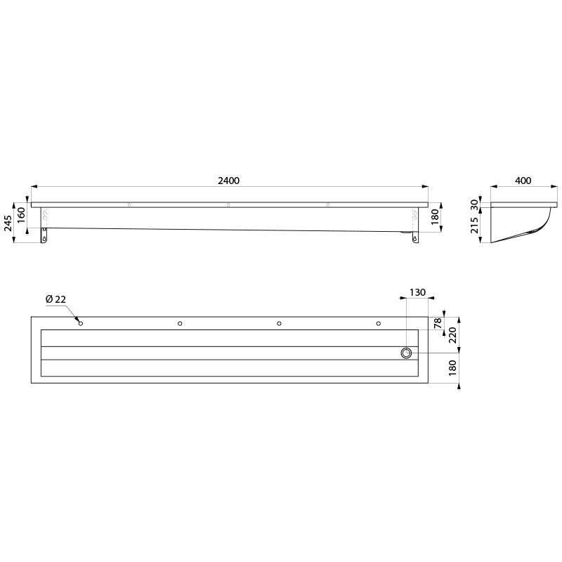 Delabie CANAL collectieve RVS wasgoot 2400 mm met 4 kraangaten - maattekening
