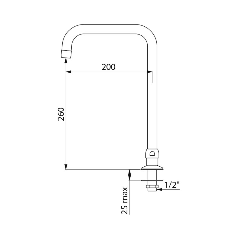 Delabie Draaibare getrokken uitloop op blad Ø22 H.260 L.200 chroom - maattekening