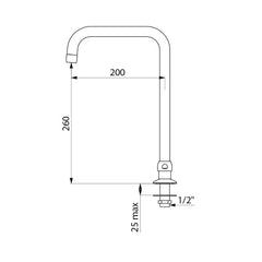 Delabie Draaibare getrokken uitloop op blad Ø22 H.260 L.200 chroom - maattekening