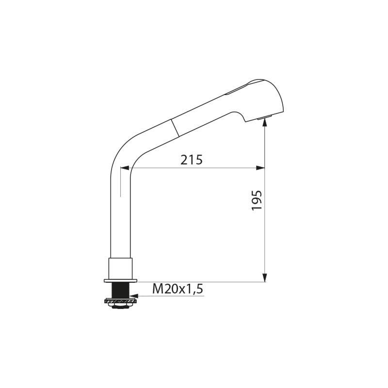 Delabie Draaibare kolom met uittrekbare sproeier H.200 L.220 chroom - maattekening