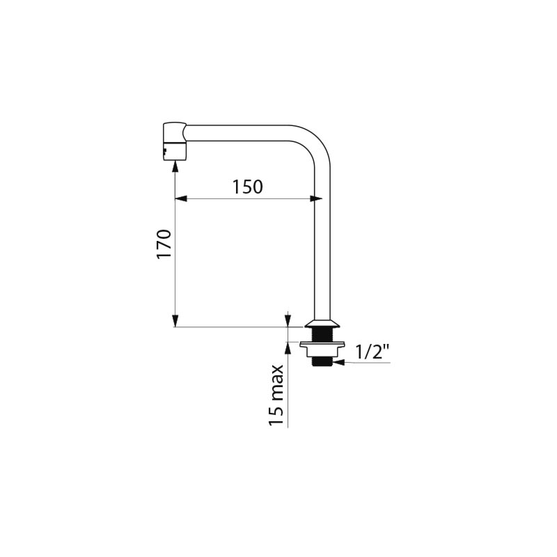 Delabie Vaste uitloop op blad Ø16 H.170 L.150 chroom - maattekening
