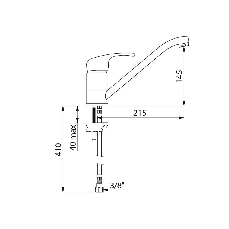 Delabie Mechanische mengkraan voor spoeltafel of trog met open greep en draaibare uitloop 215 mm chroom - maattekening