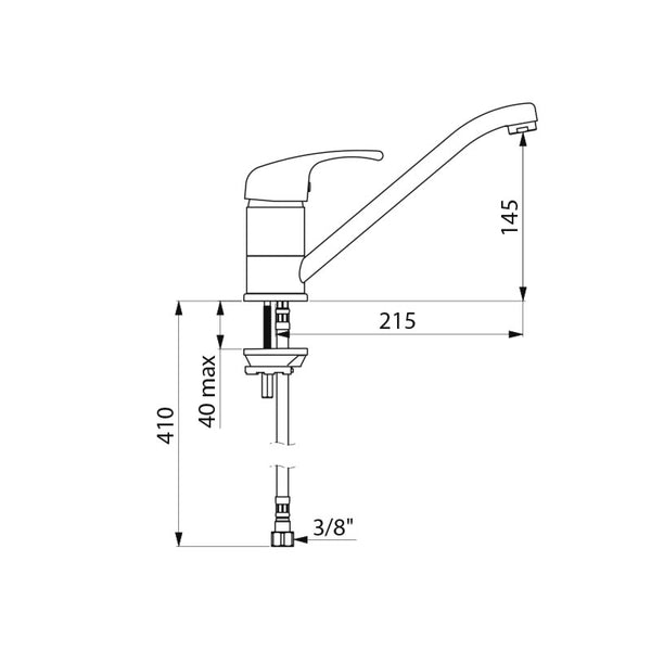 Delabie Mechanische mengkraan voor spoeltafel of trog met open greep en draaibare uitloop 215 mm chroom - maattekening