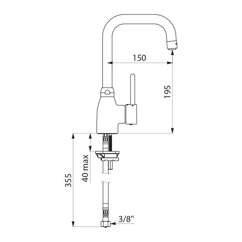 Delabie Mechanische wastafelmengkraan met staafgreep en BIOSAFE uitloop 150 mm zonder trekplug chroom - maattekening