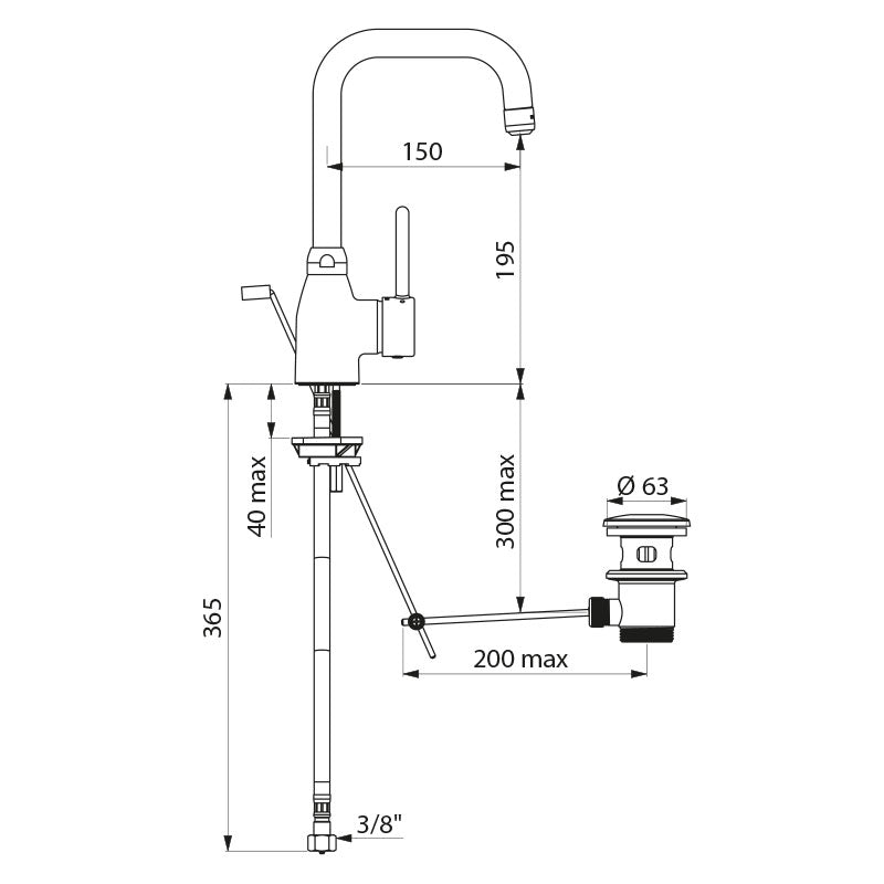 Delabie Mechanische wastafelmengkraan met staafgreep, BIOSAFE uitloop 150 mm en trekplug chroom - maattekening