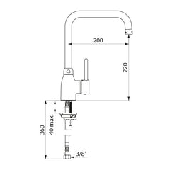 Delabie Mechanische spoeltafelmengkraan met staafgreep en draaibare uitloop 200 mm chroom - maattekening