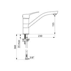 Delabie Mechanische mengkraan voor spoeltafel of trog met volle greep en draaibare uitloop 230 mm chroom - maattekening