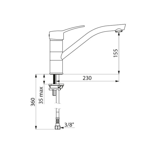 Delabie Mechanische mengkraan voor spoeltafel of trog met volle greep en draaibare uitloop 230 mm chroom - maattekening