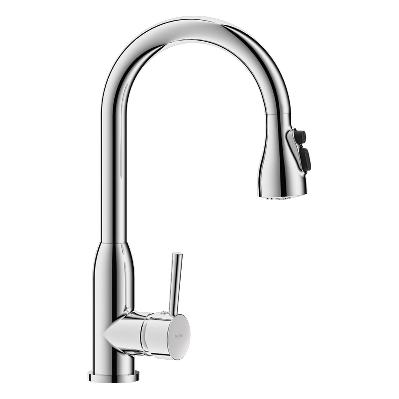 Delabie Mechanische spoeltafelmengkraan met zwanenhalsuitloop en uittrekbare sproeier chroom