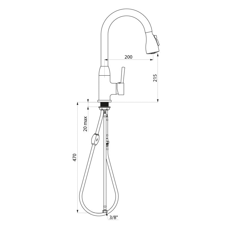 Delabie Mechanische spoeltafelmengkraan met zwanenhalsuitloop en uittrekbare sproeier chroom - maattekening