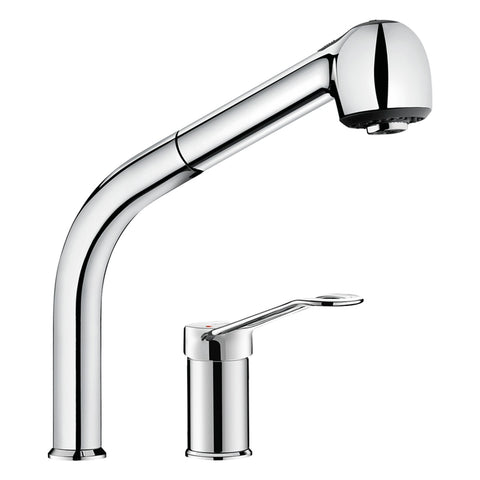 Delabie Mechanische spoeltafelmengkraan met kolom en uittrekbare sproeier, open greep chroom