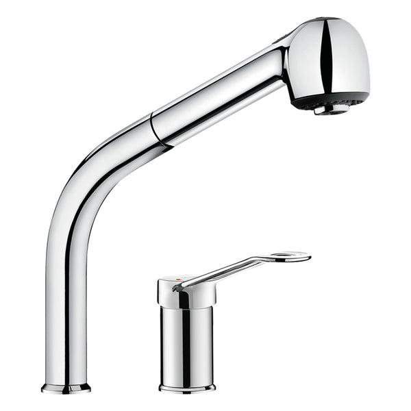 Delabie Mechanische spoeltafelmengkraan met kolom en uittrekbare sproeier, open greep chroom