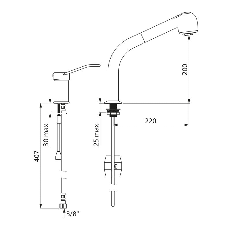 Delabie Mechanische spoeltafelmengkraan met kolom en uittrekbare sproeier, open greep chroom - maattekening