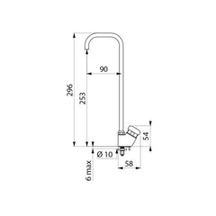 Delabie Kraan met zwanenhalsuitloop voor drinkfontein met aansluiting kunststof buis 4x6 direct sluitend chroom - maattekening
