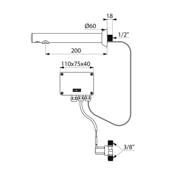 Delabie BINOPTIC elektronische wastafelkraan voor inbouw netspanning uitloop 200 mm chroom - maattekening