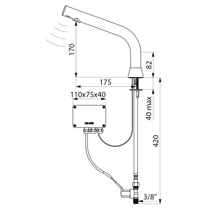 Delabie BINOPTIC elektronische wastafelkraan op blad H.170 netspanning chroom - maattekening