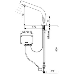 Delabie BINOPTIC MIX elektronische wastafelmengkraan op blad H.170 netspanning chroom - maattekening